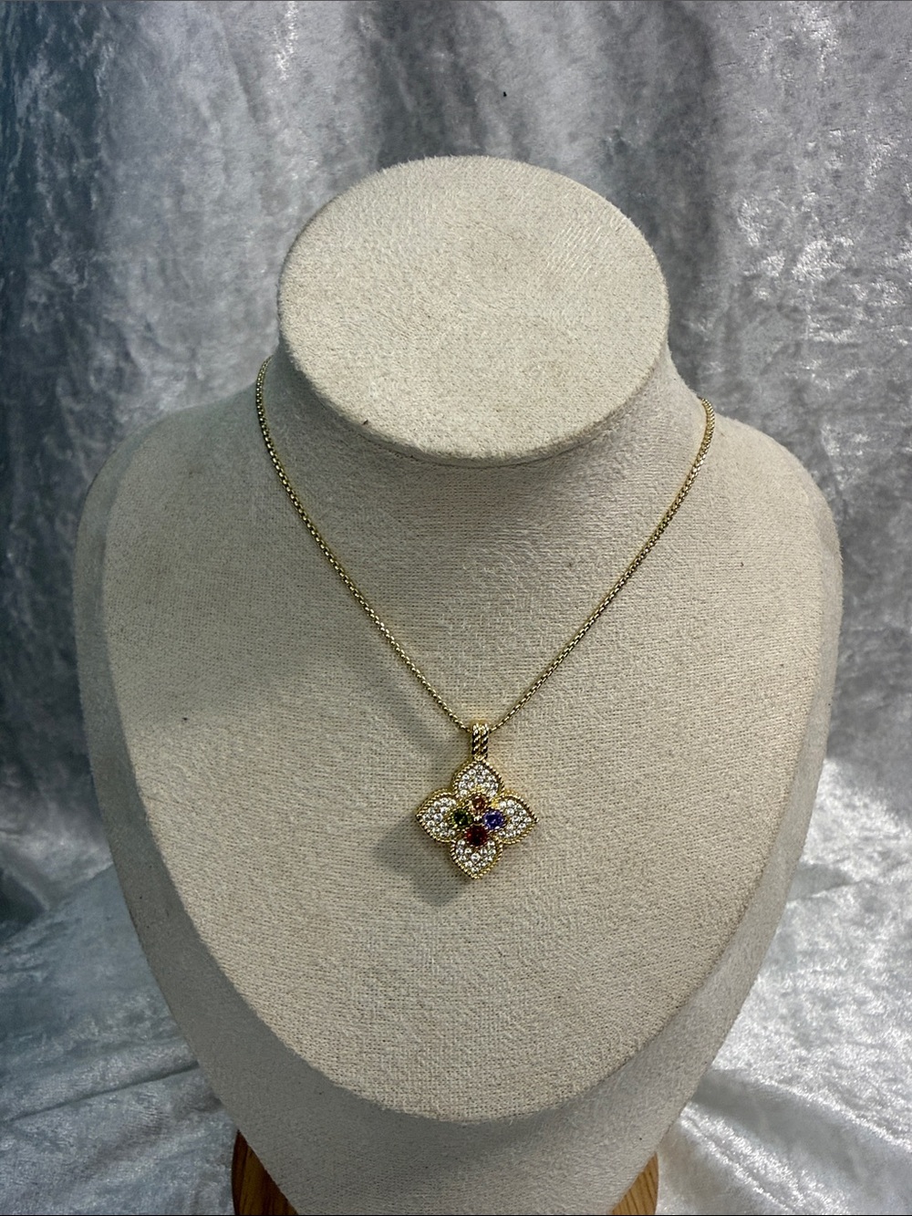 Gold Floral Crystal Pendant Necklace - Multicolor Stones